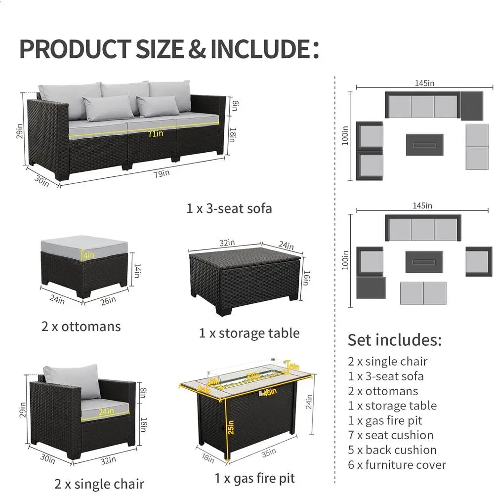 45 Outdoor Patio Furniture Set with 7 Pieces, Propane Fire Pit Table, Weatherproof Covers, Light Grey