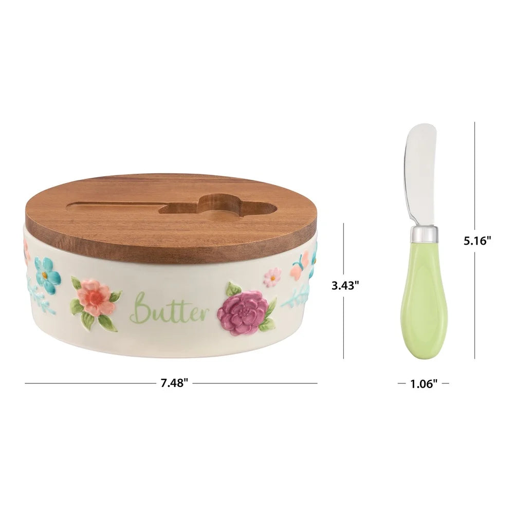Painted Meadow Ceramic Butter Dish Set With Acacia Wood Lid