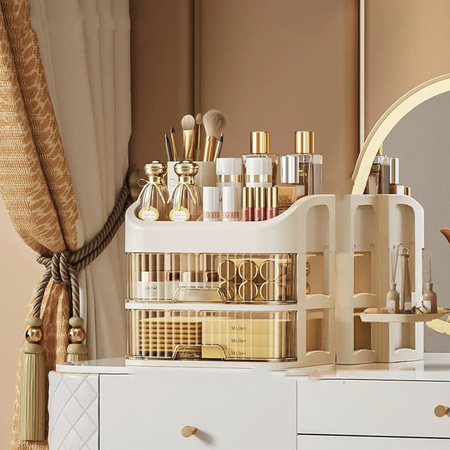 3/4-Tier Cream Pull-Out Cosmetic Organizer, Dustproof Drawer Storage Box with Open Top Shelf, Multi-Compartment Large Capacity for Skincare and Makeup, Space Saving Vanity Essential
