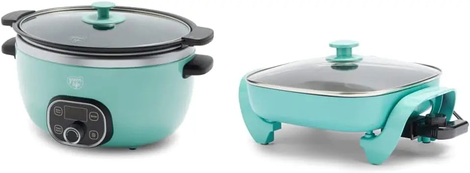 Cozy Decor Market Cook Duo healthy ceramic nonstick 6QT slow cooker and 12" turquoise electric skillet with square design