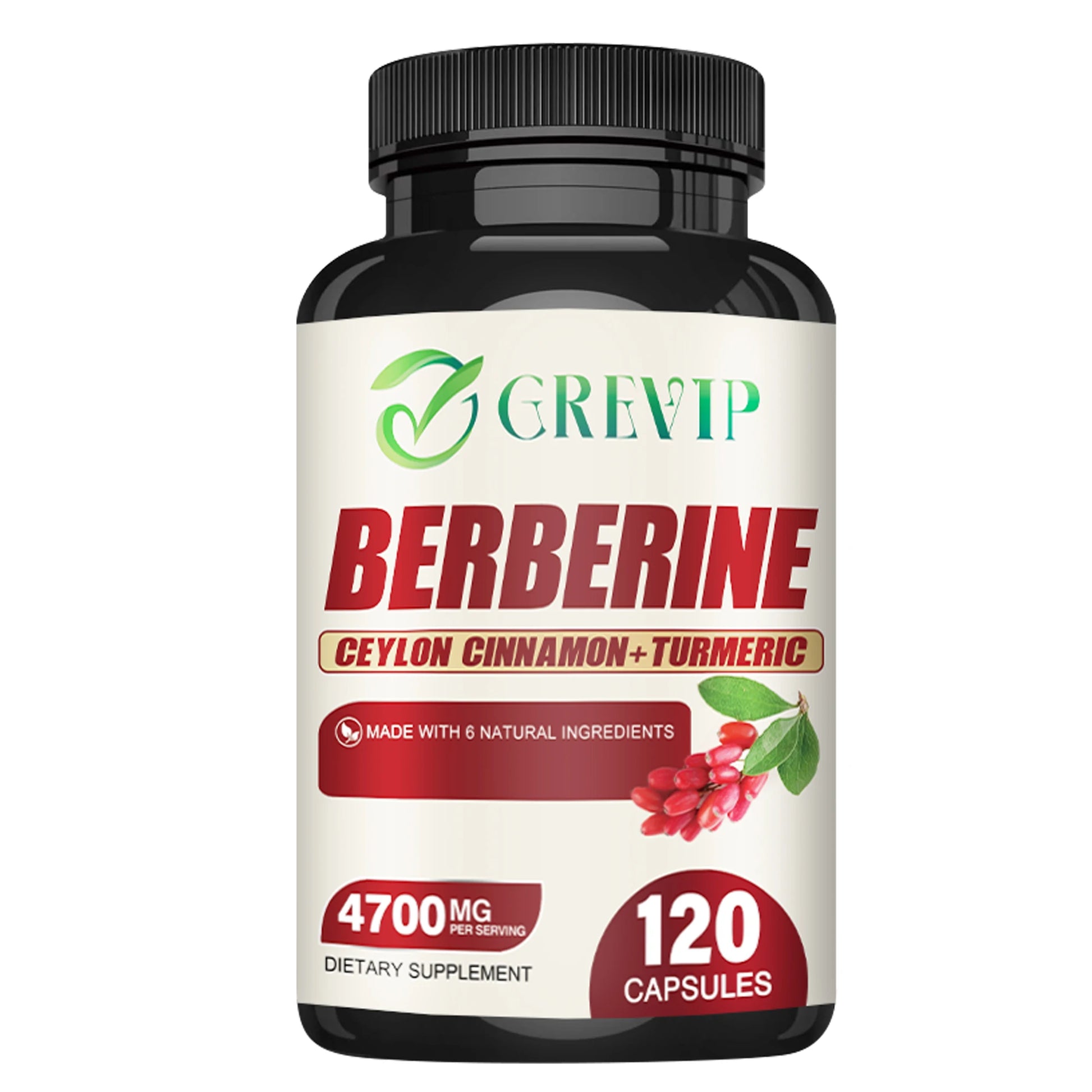 Berberine supplement with Ceylon cinnamon and turmeric capsules for digestive health and antioxidants.