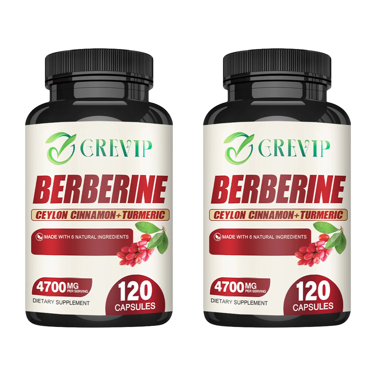 Berberine supplement with Ceylon cinnamon and turmeric capsules for digestive health and antioxidants, in a white bottle.