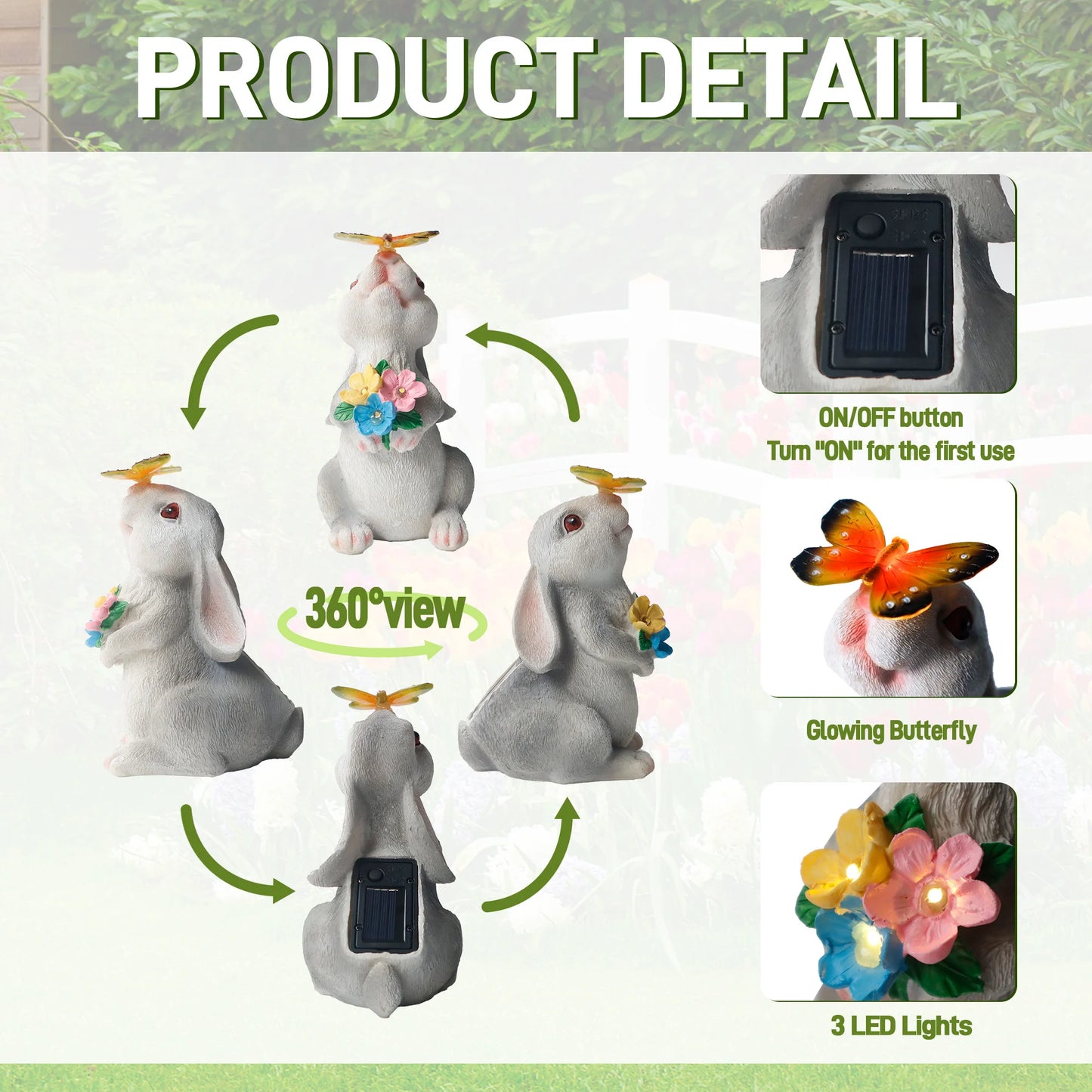 Solar Bunny Light Garden Statue Resin Outdoor Yard Decor