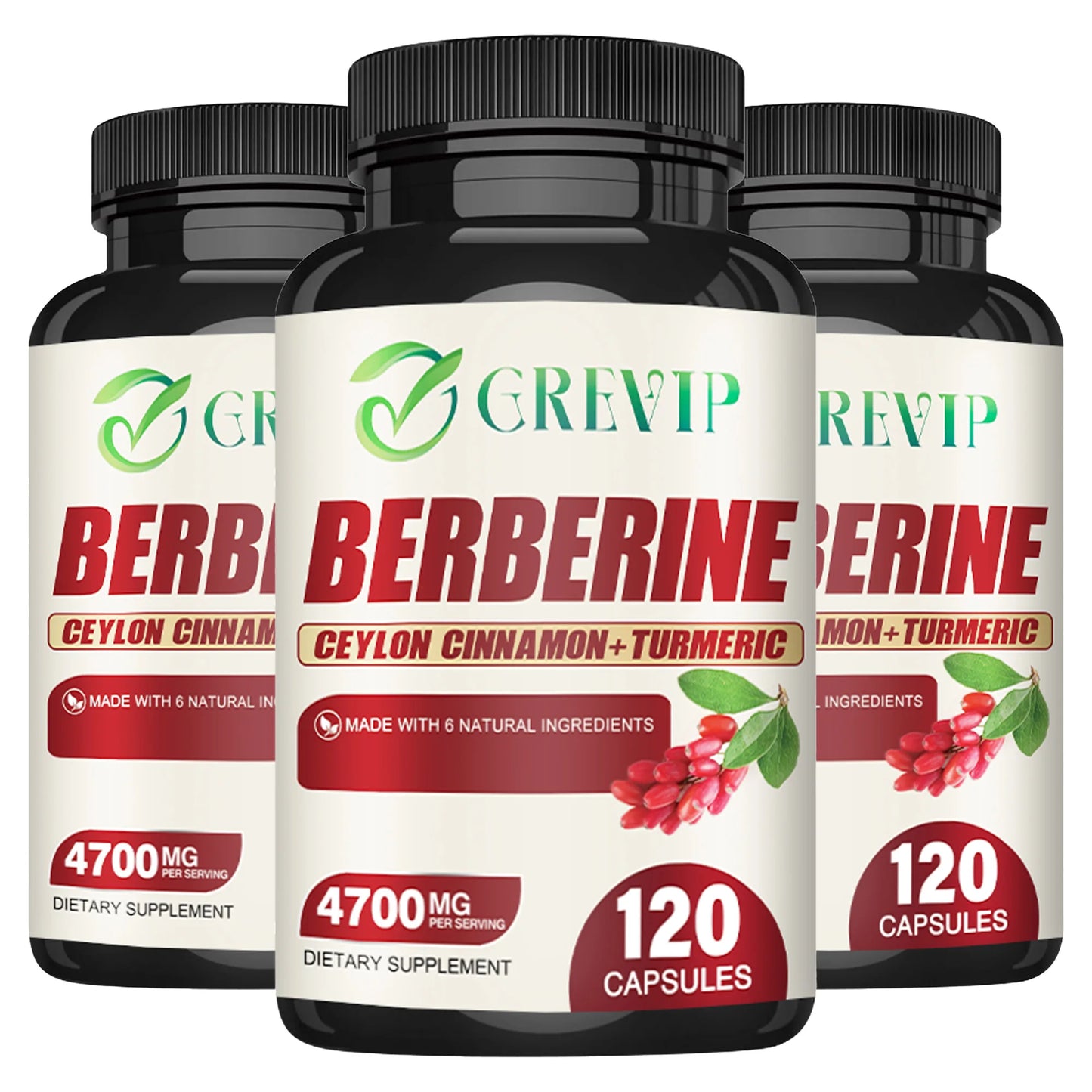 Ceylon cinnamon and turmeric Berberine supplement capsules for digestive health and antioxidants, shown in a bottle set.
