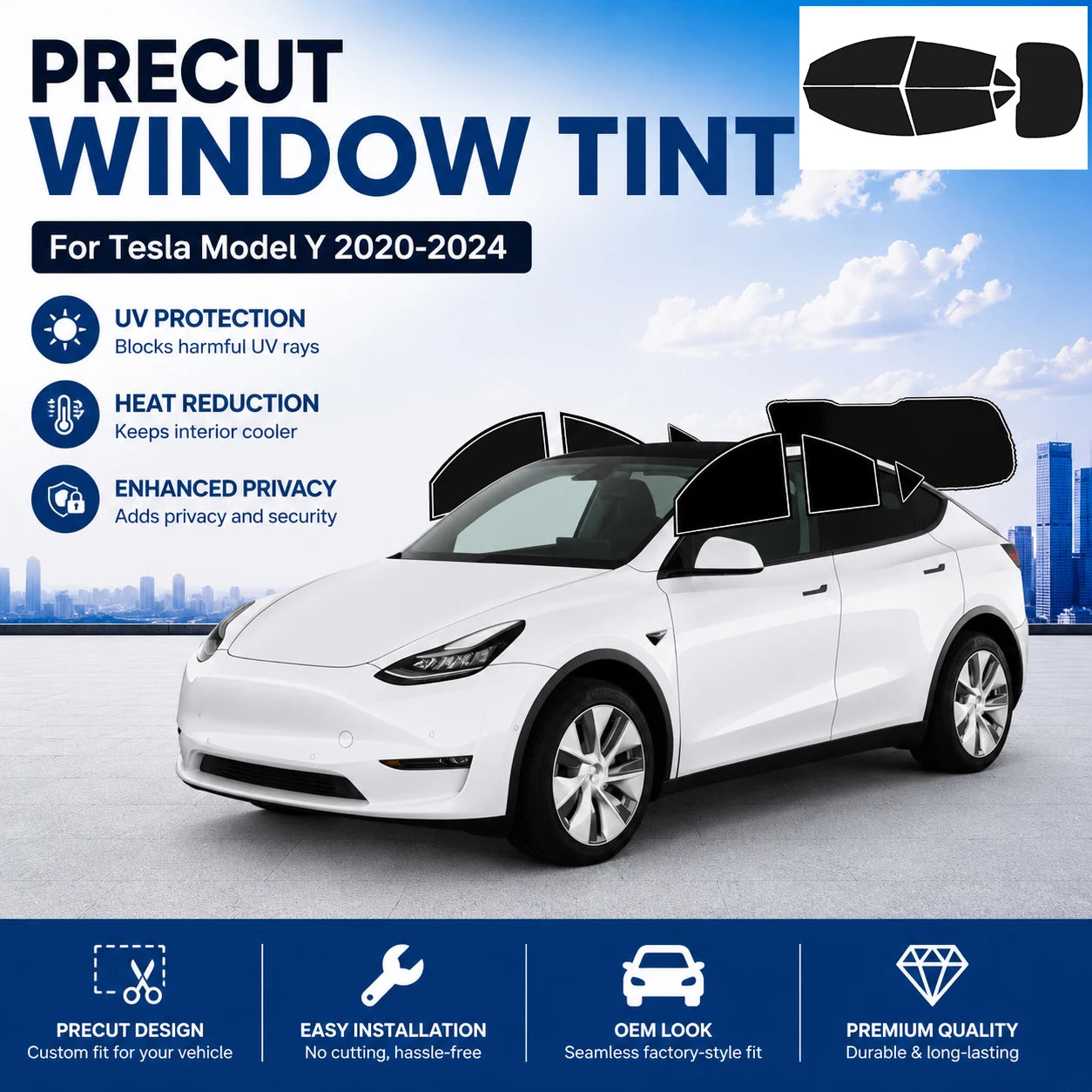 Precut Window Tint Car for Tesla Model Y 2020-2024 Sun Uv-Ir Blocking Heat & Glare 2Ply Window Protector Privacy Films Shade