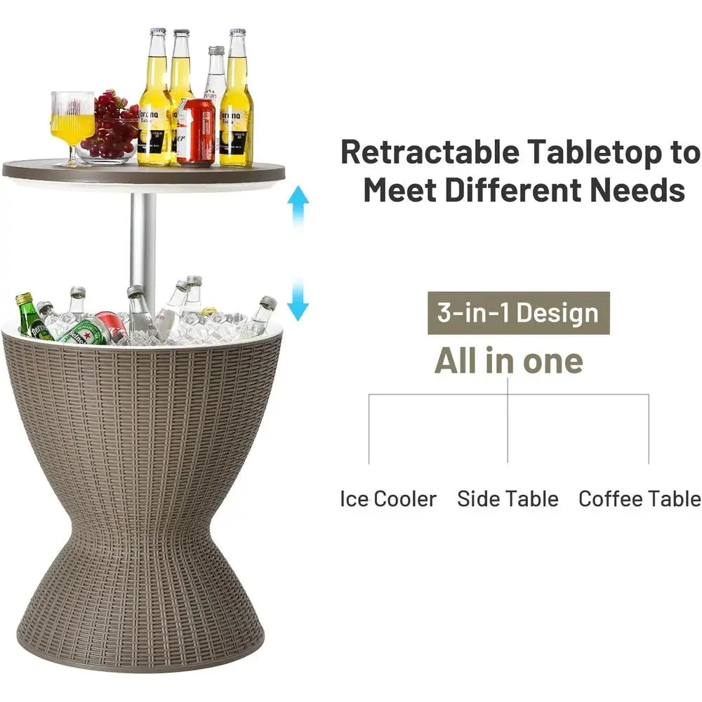 Rattan-Style Outdoor Patio Ice Bucket Table with 8 Gallon Capacity, Adjustable Height, Drainage, and 3-in-1 Functionality
