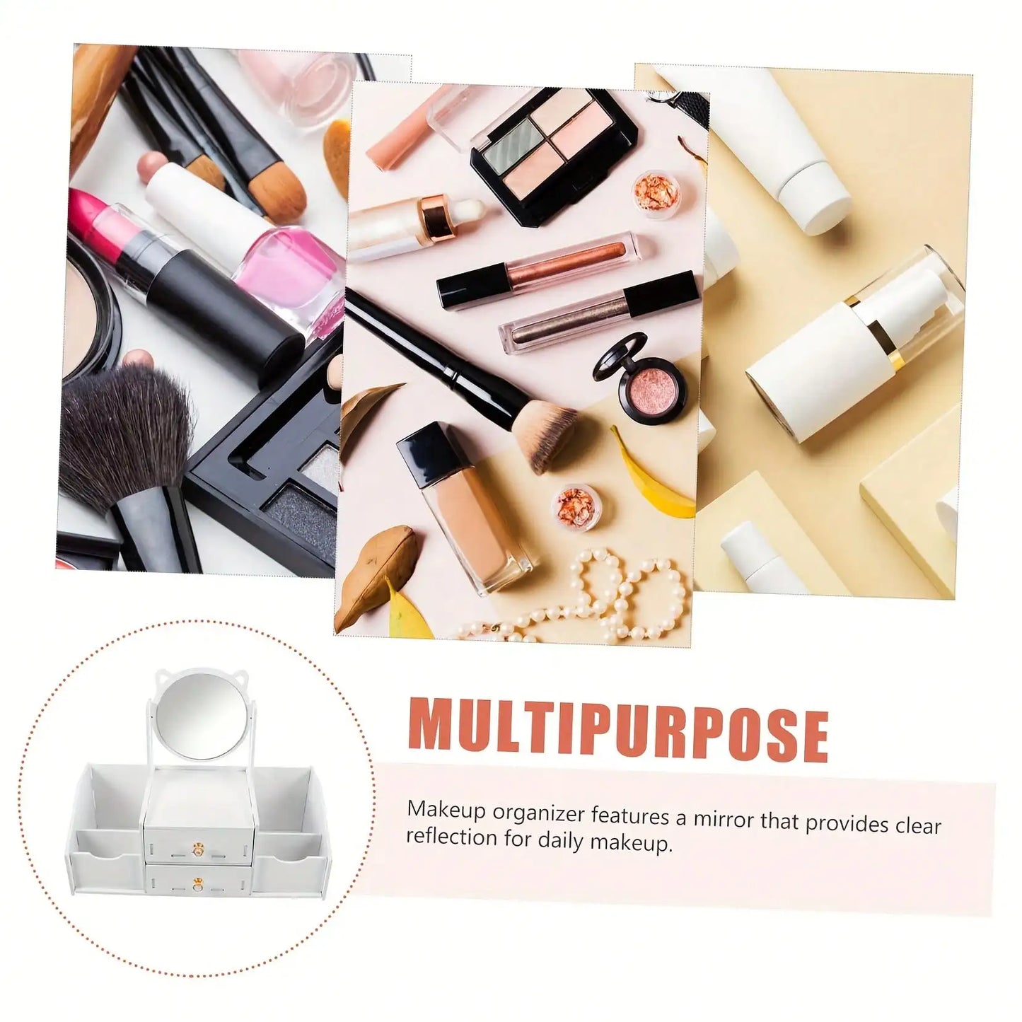 Senmeo Mirror Makeup Organizer Large Capacity Plastic Storage Box for Bathroom Vanity White
