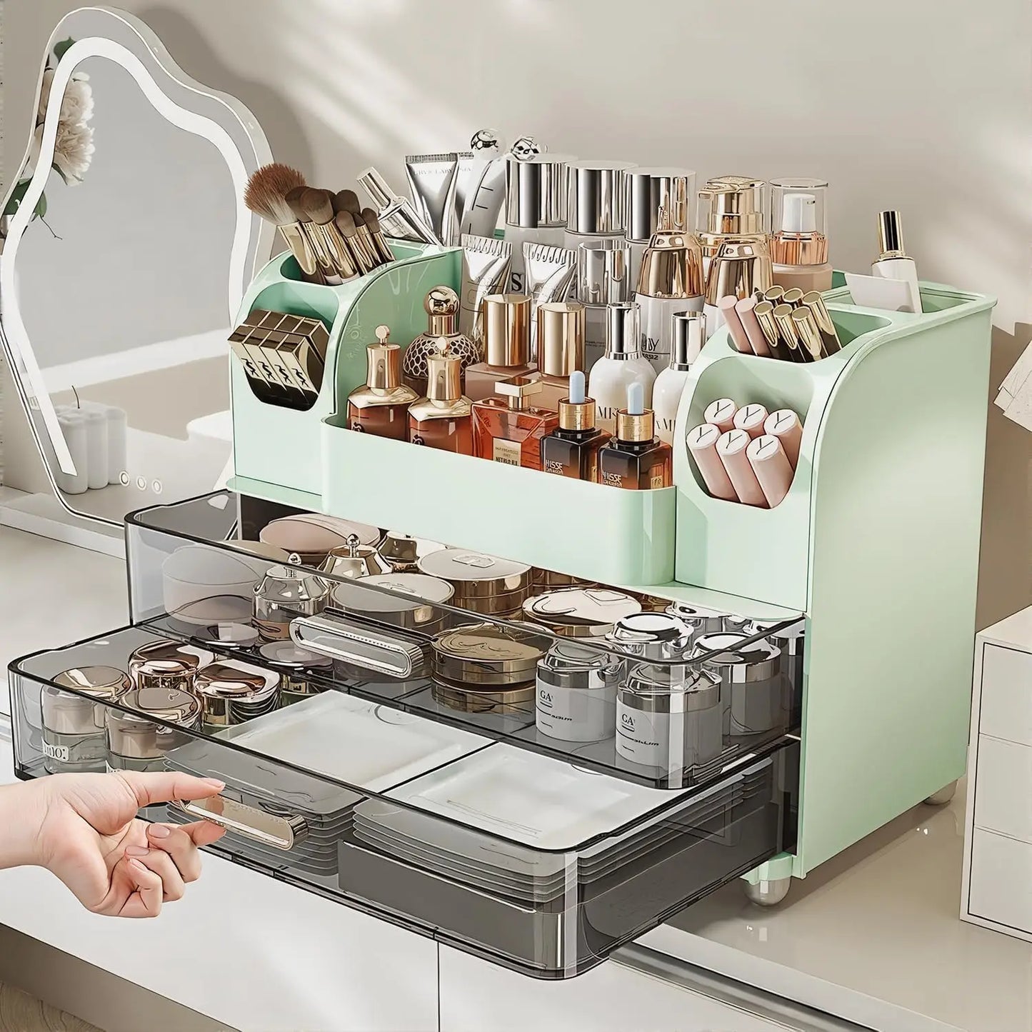 Makeup Organizer with Drawers for Vanity,Bathroom Countertop Organizer with Brushes Holder,Skincare Storage Organizer for Lipsticks,Nail Polishes, Perfumes,Eyeshadow Palettes (Green)