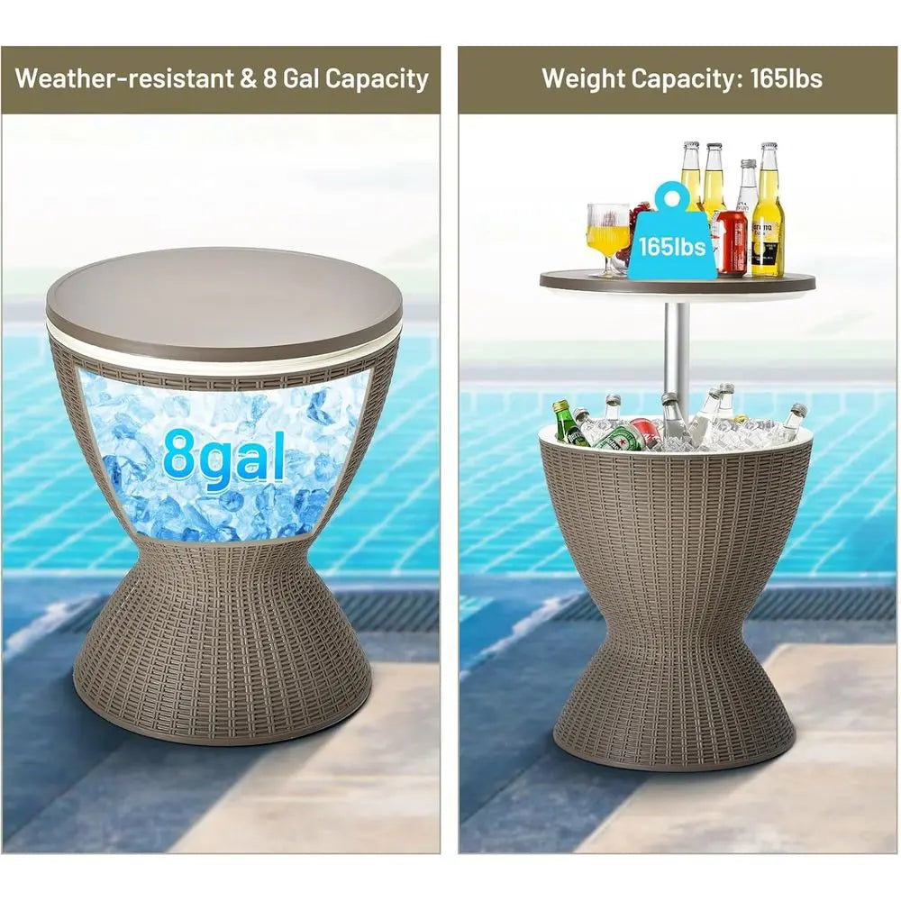 Rattan-Style Outdoor Patio Ice Bucket Table with 8 Gallon Capacity, Adjustable Height, Drainage, and 3-in-1 Functionality