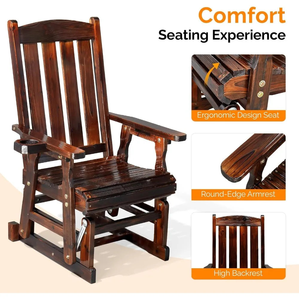 Outdoor Wooden Patio Glider Chair with Cup Holder and Smooth Rocking Mechanism, Durable for Up to 600 LBS, Rustic Style