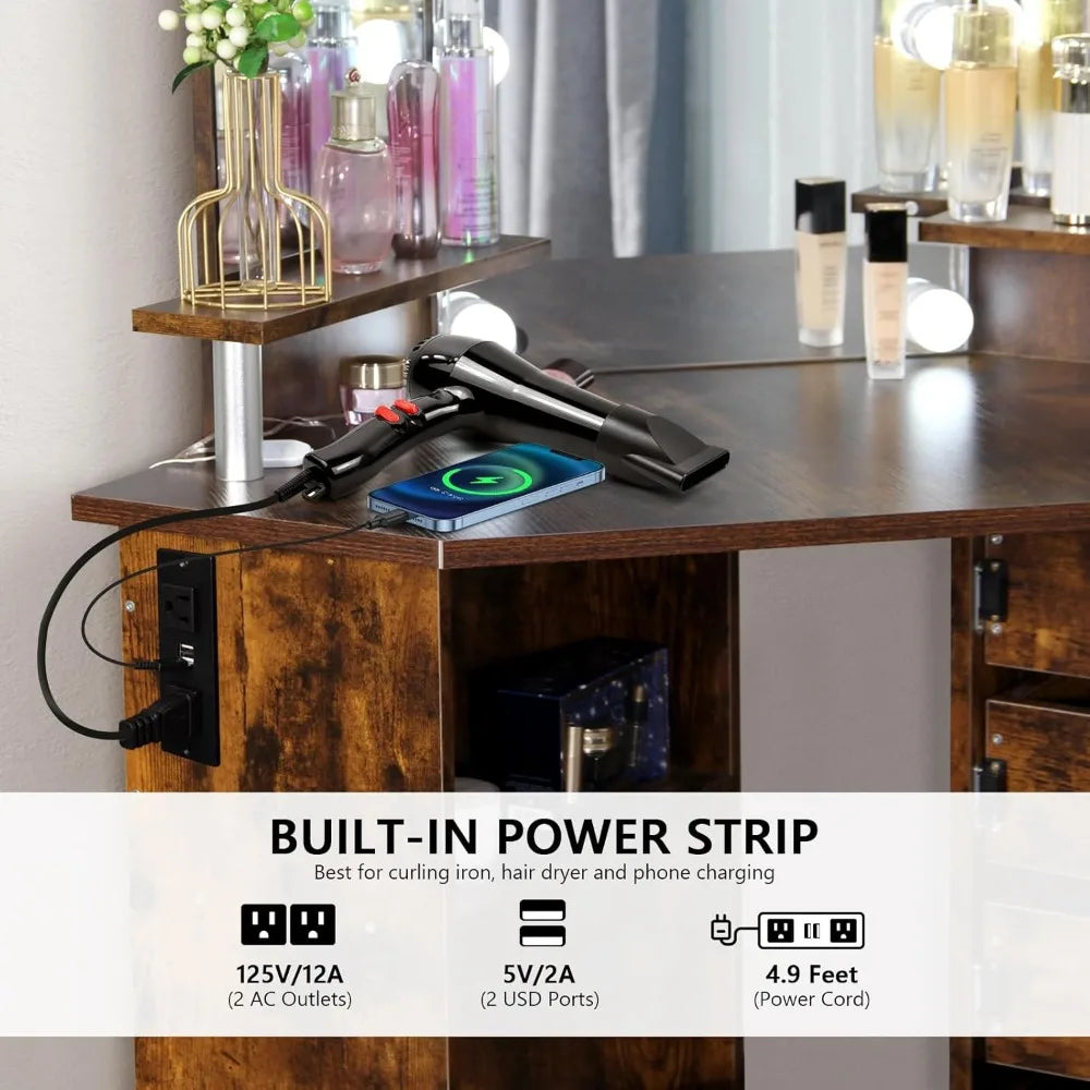 Vanity with Lights - Makeup Vanity Desk with Power Outlet, 3 Color Lighting Options Brightness Adjustable, Vanity, Customized