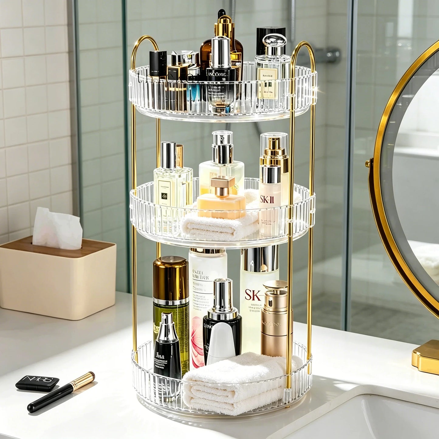 Makeup Organizer, Large Capacity Cosmetic Storage Rack, Perfume Stand, Clear Acrylic Multi-Tier Display Shelf, Adjustable Shelves with Multiple Compartments, Countertop Organizer for Lipstick Perfume and Skincare, Space Savin