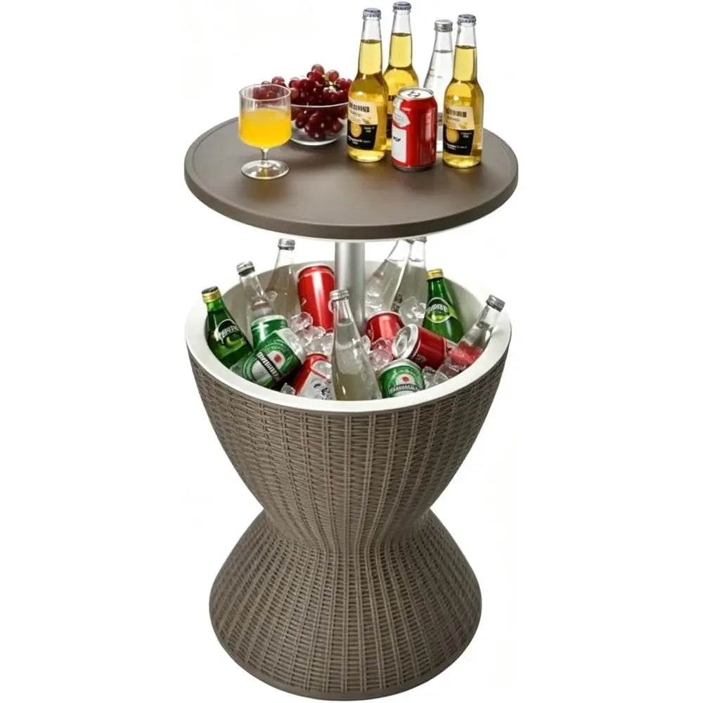 Rattan-Style Outdoor Patio Ice Bucket Table with 8 Gallon Capacity, Adjustable Height, Drainage, and 3-in-1 Functionality