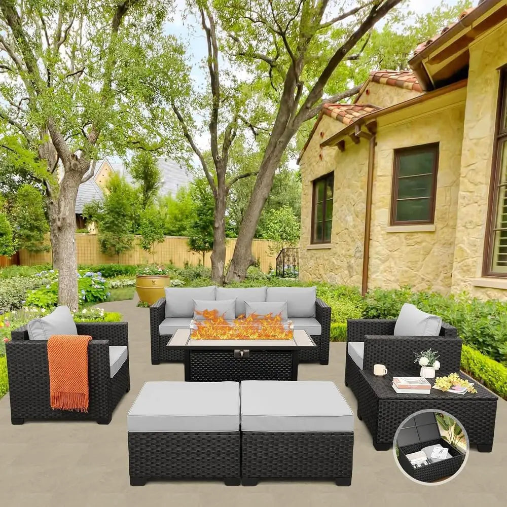 45 Outdoor Patio Furniture Set with 7 Pieces, Propane Fire Pit Table, Weatherproof Covers, Light Grey