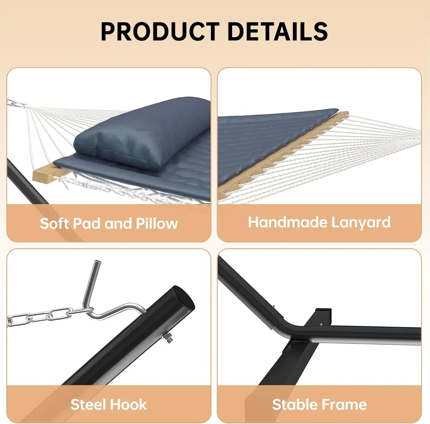 2 Person Double Hammock with Stand, Heavy Duty Outdoor Hammock with Adjustable Steel Frame & Pillow, Portable Camping Hammock for Patio Backyard Beach Garden