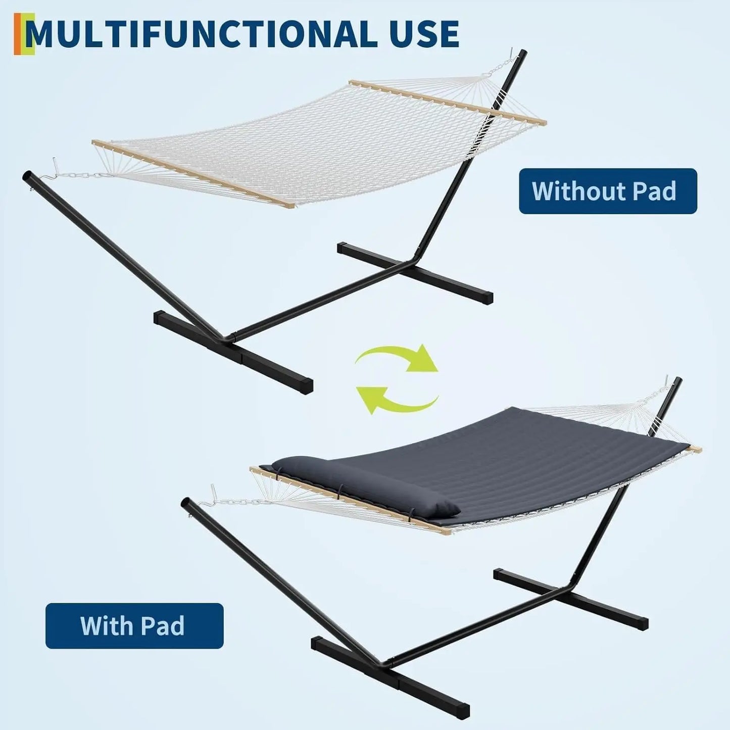 2 Person Double Hammock with Stand, Heavy Duty Outdoor Hammock with Adjustable Steel Frame & Pillow, Portable Camping Hammock for Patio Backyard Beach Garden