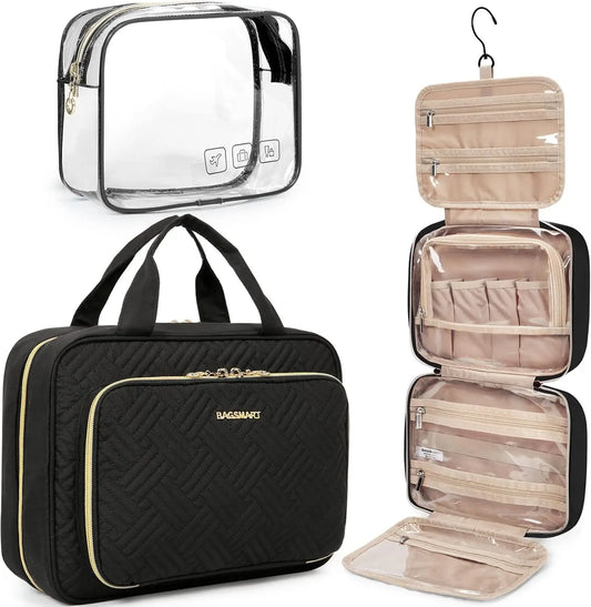 Toiletry Bag Hanging Travel Makeup Organizer with TSA Approved Transparent Cosmetic Bag Makeup Bag for Full Sized Toiletries, Me