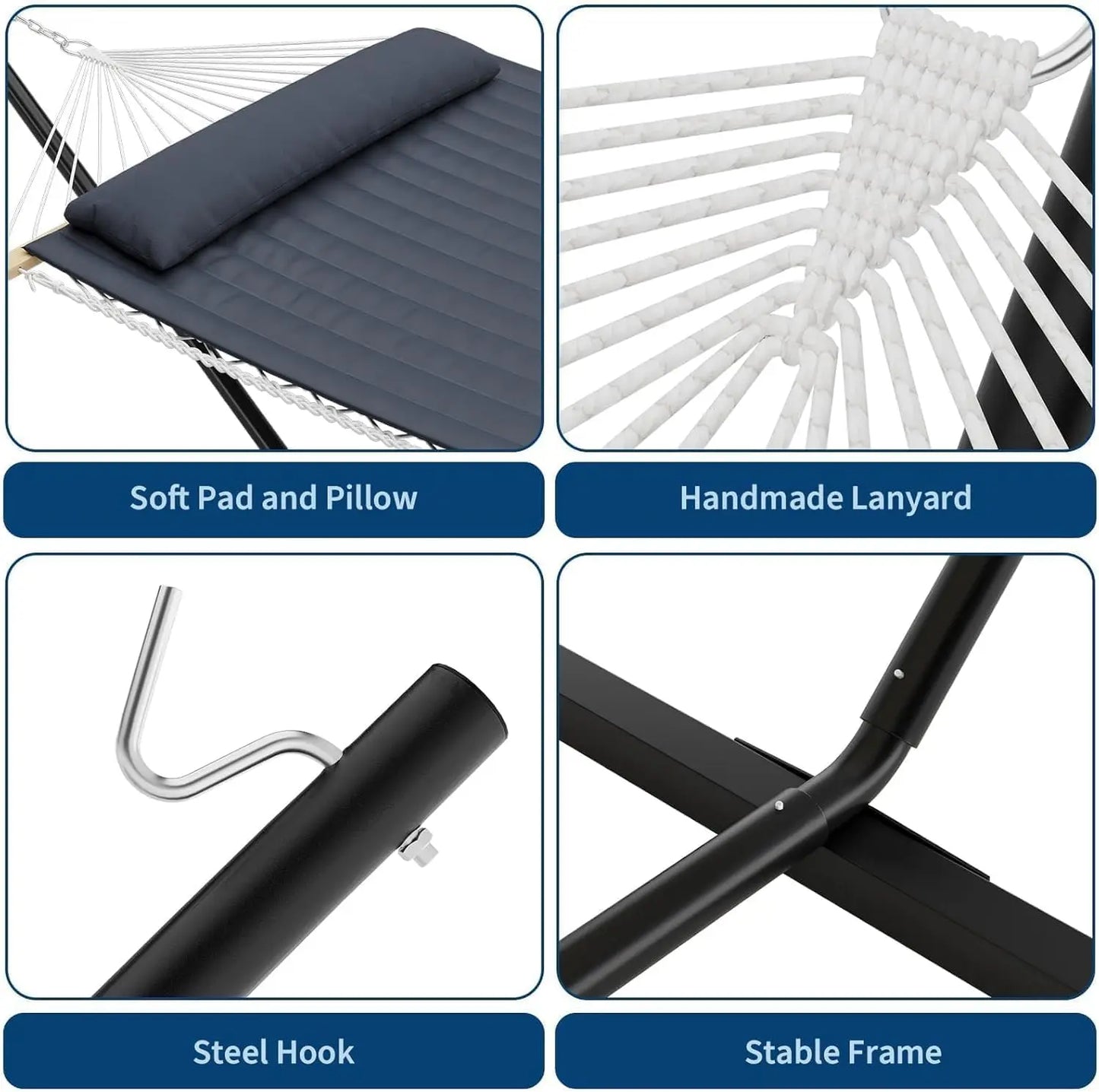 2 Person Double Hammock with Stand, Heavy Duty Outdoor Hammock with Adjustable Steel Frame & Pillow, Portable Camping Hammock for Patio Backyard Beach Garden