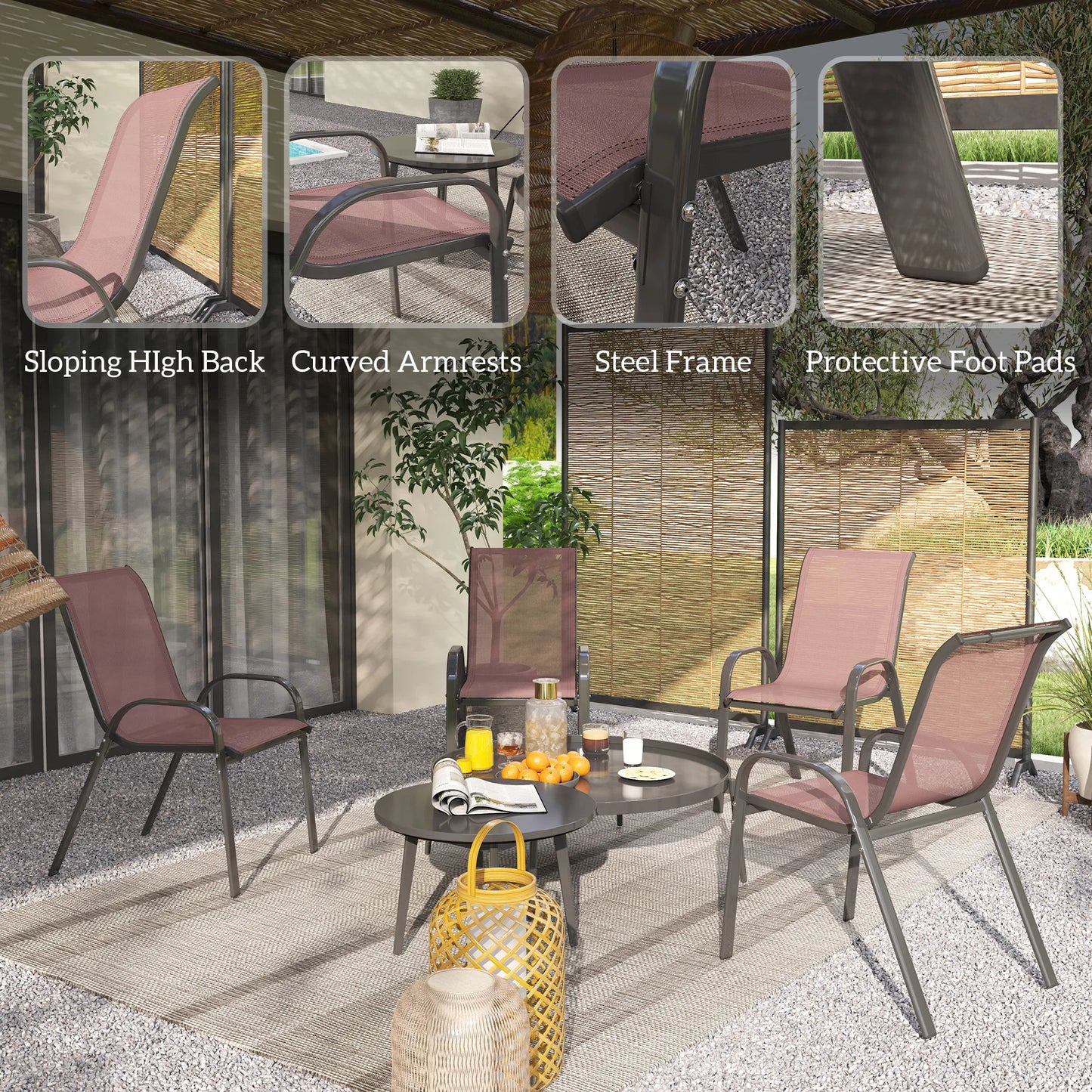Set of 4 Patio Dining Chairs, Stackable Outdoor Chairs, Brown