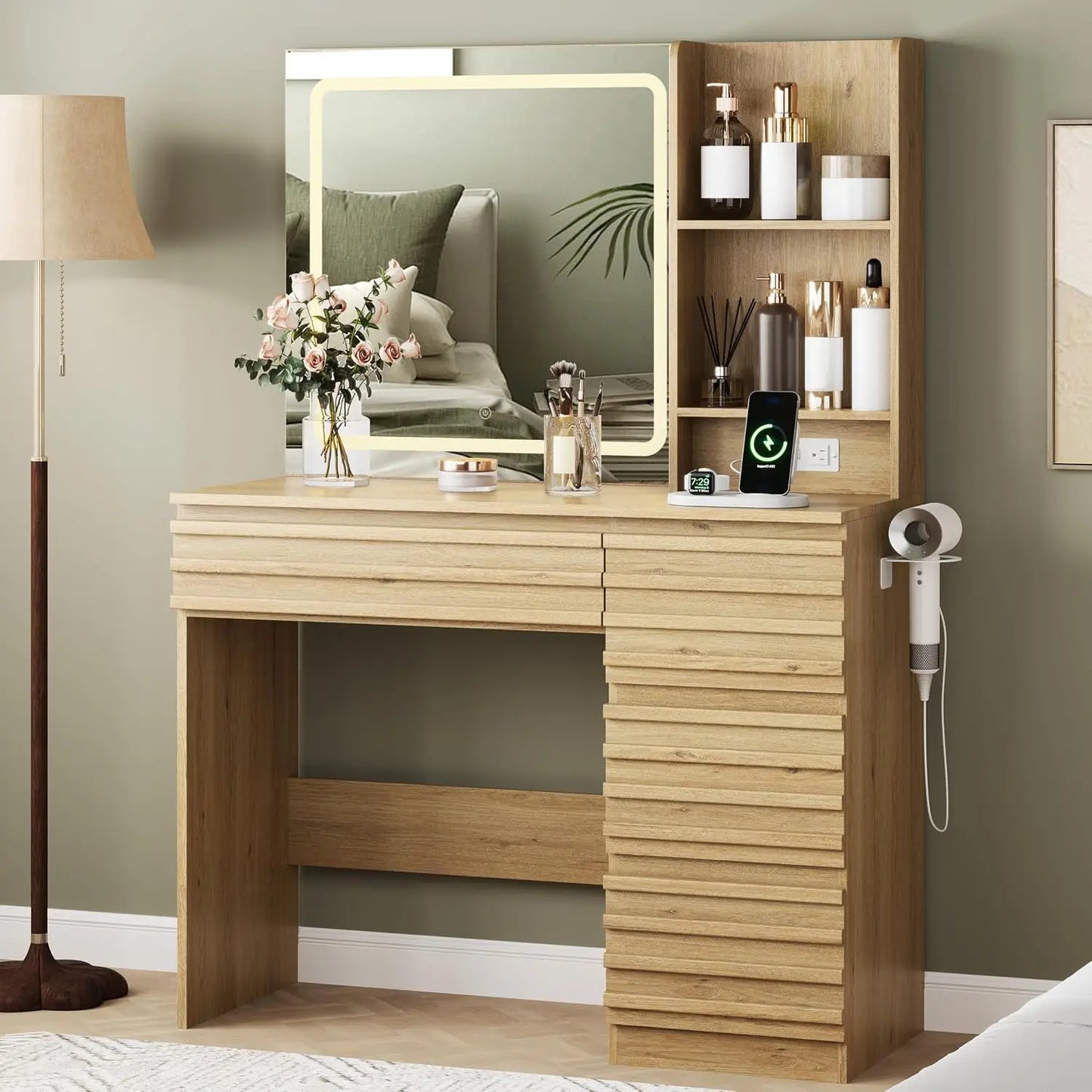 Fluted LED Lighted Makeup Vanity Desk,3 Lighting Modes,4 Drawers,Open Shelves,Power Outlet,Bedroom, Custom