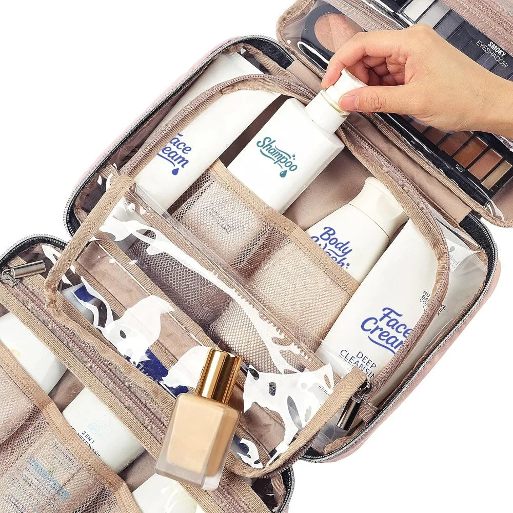 Pink Travel Hanging Toiletry Bag for Women Medium Size Portable Cosmetic Organizer for Makeup Brushes Shampoo Conditioner Accessories