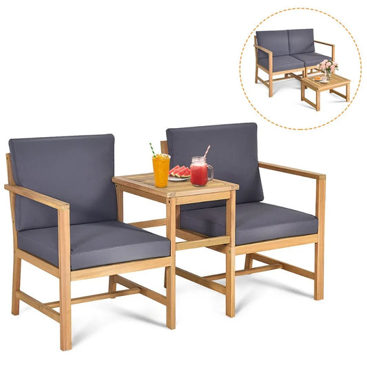 Patiojoy 3PCS Patio Table Chairs Set Solid Wooden Sectional Garden Furniture