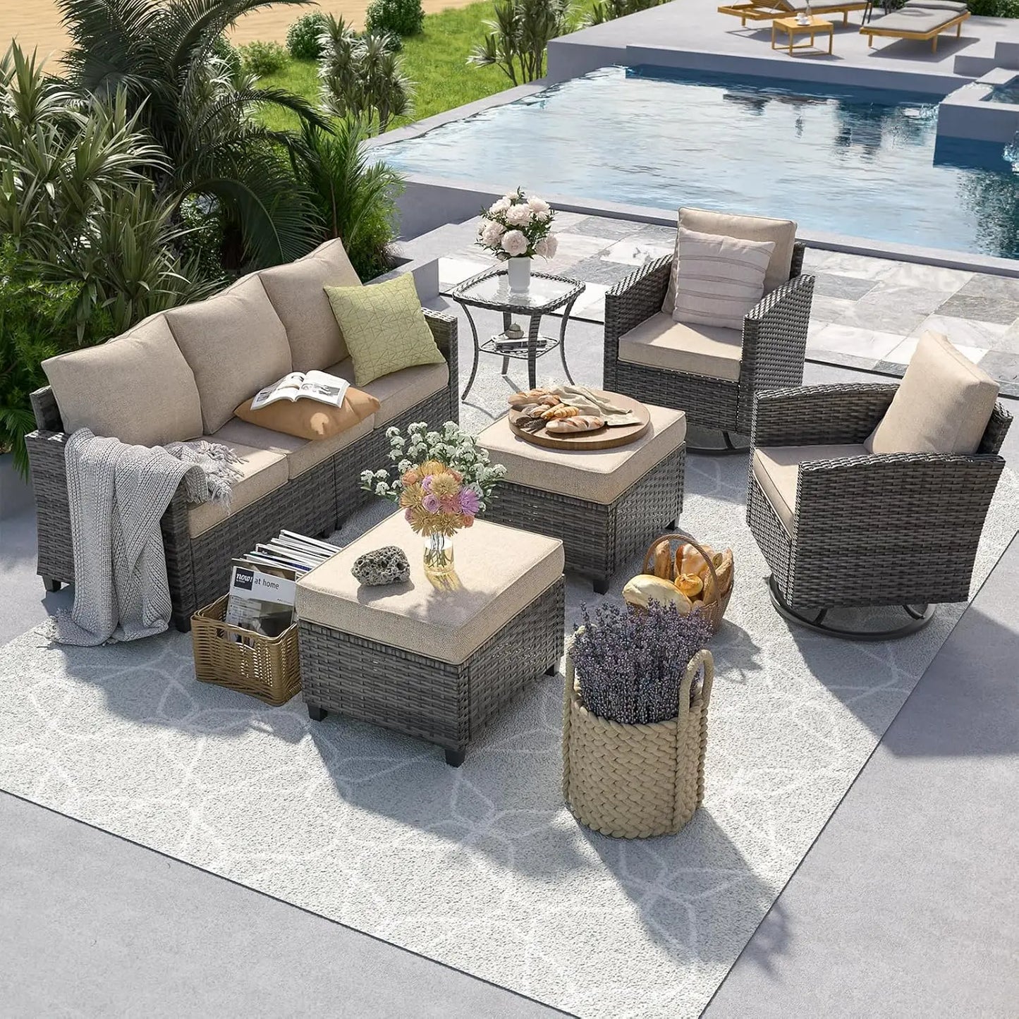 Patio Furniture Set, 6 Pieces Outdoor Sectional Couch with Swivel Rocking Chair, Gray Wicker Rattan Sofa with Side, Customized