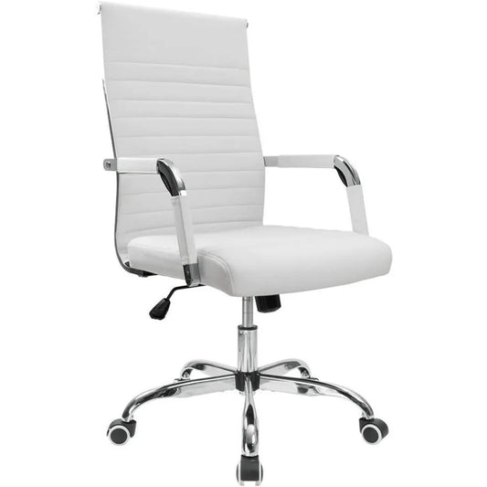 Furmax Ribbed Office Desk Chair Mid-Back PU Leather Executive Conference Task Chair Adjustable Swivel Chair with Arms (White)