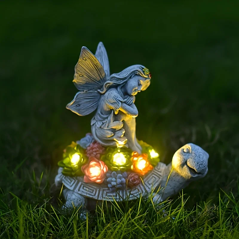 Li Solar Garden Angel Riding Turtle Statue Outdoor Decor