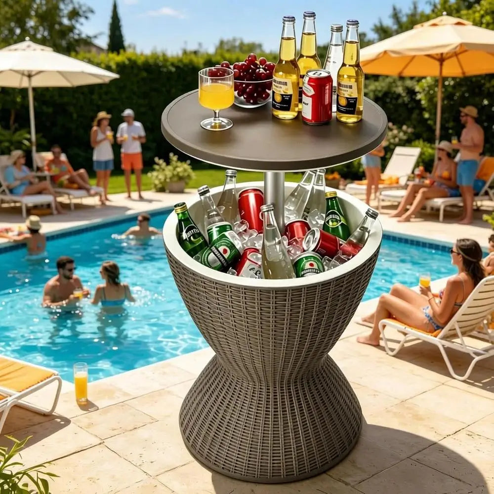 Rattan-Style Outdoor Patio Ice Bucket Table with 8 Gallon Capacity, Adjustable Height, Drainage, and 3-in-1 Functionality