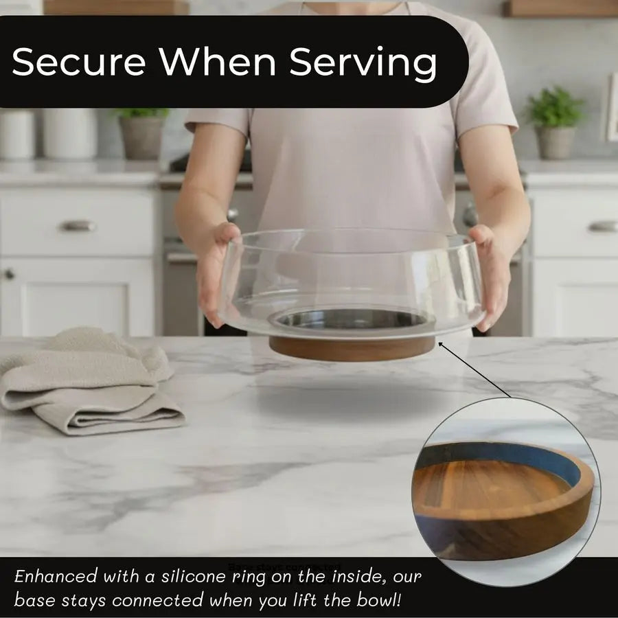 XMSJ Glass Salad Bowl Set With Acacia Base And Servers