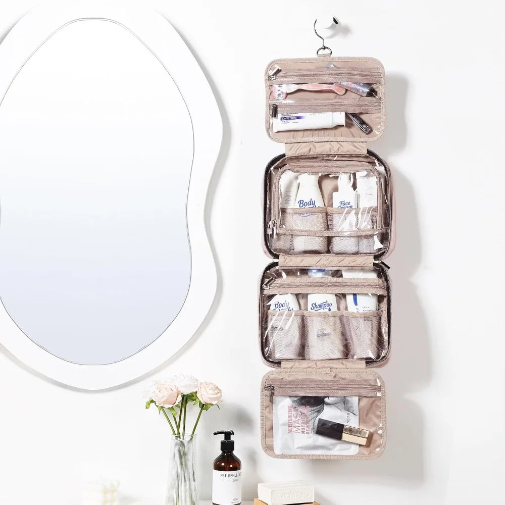 Pink Travel Hanging Toiletry Bag for Women Medium Size Portable Cosmetic Organizer for Makeup Brushes Shampoo Conditioner Accessories