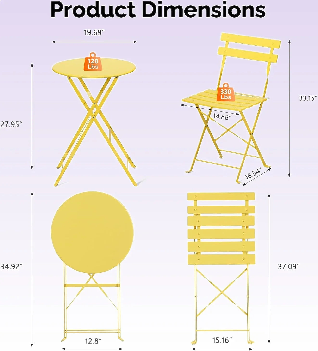 VINGLI Outdoor Folding Bistro Table and Chairs Set of 2 with Cushions for Patio