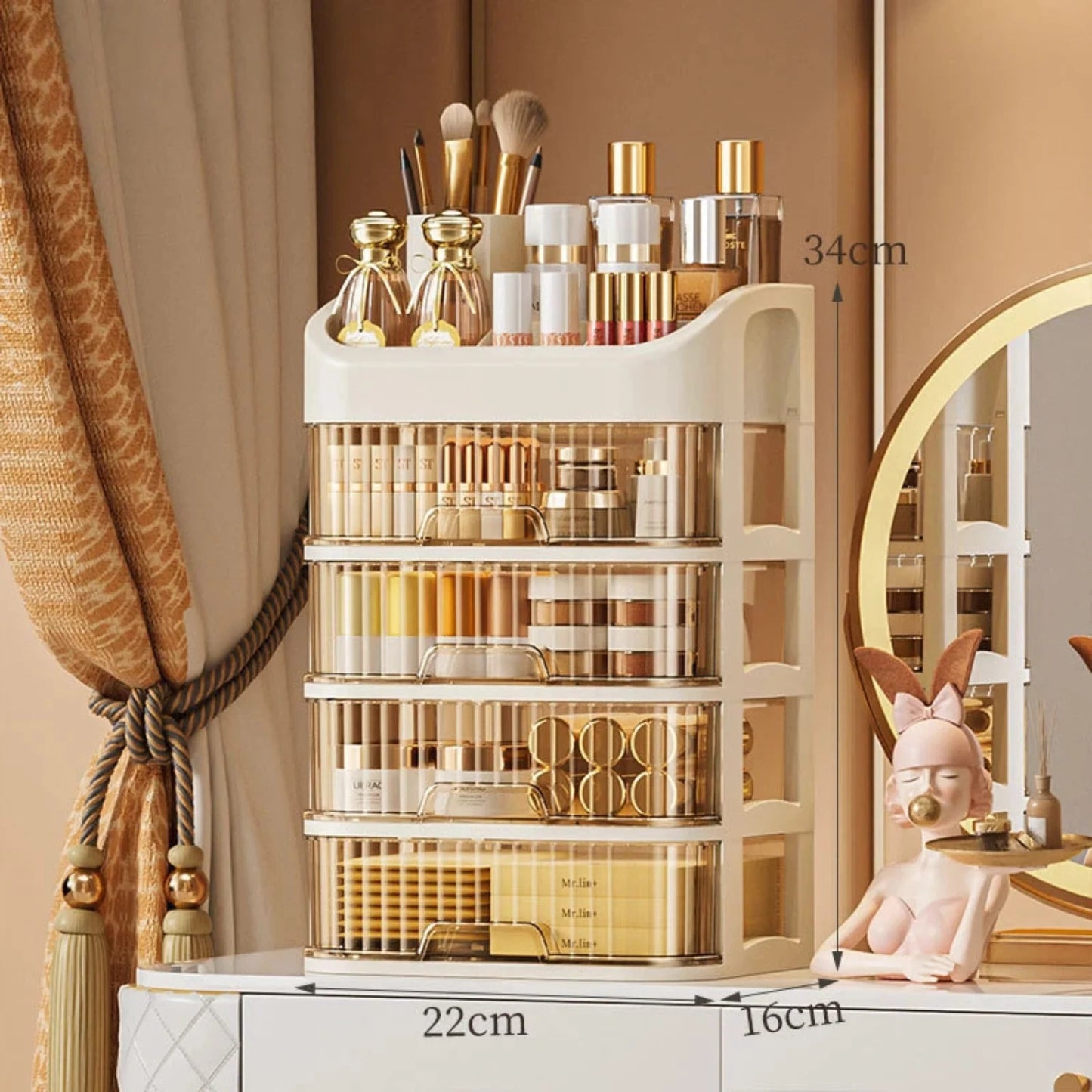 3/4-Tier Cream Pull-Out Cosmetic Organizer, Dustproof Drawer Storage Box with Open Top Shelf, Multi-Compartment Large Capacity for Skincare and Makeup, Space Saving Vanity Essential