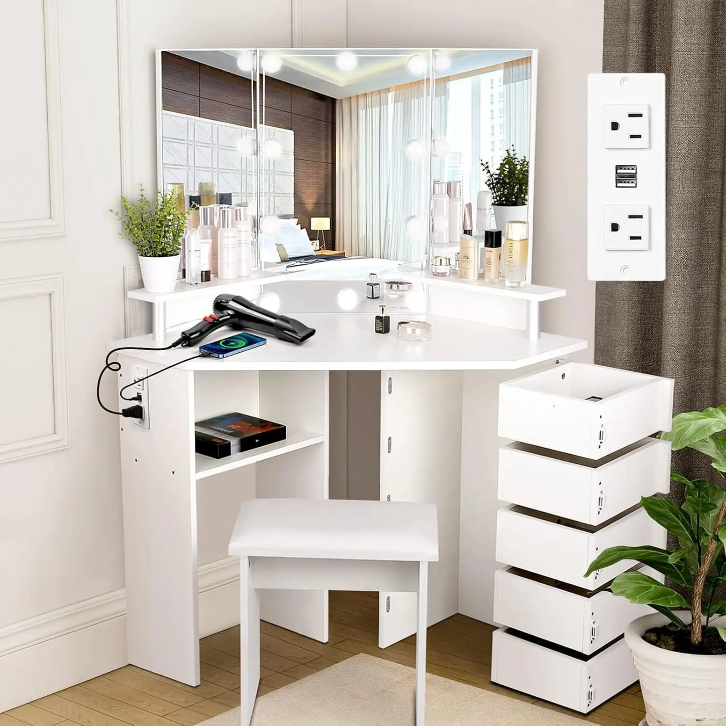 Vanity with Lights - Makeup Vanity Desk with Power Outlet, 3 Color Lighting Options Brightness Adjustable, Vanity, Customized