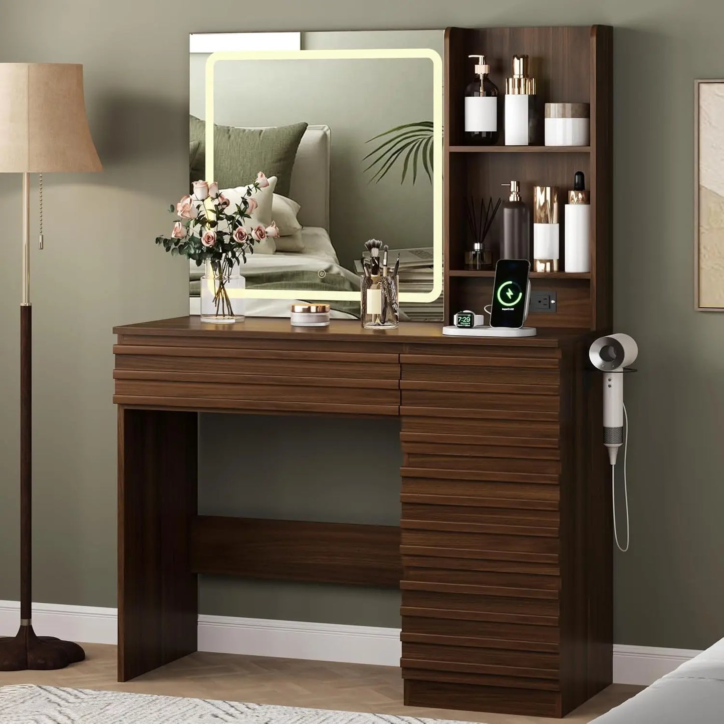 Fluted LED Lighted Makeup Vanity Desk,3 Lighting Modes,4 Drawers,Open Shelves,Power Outlet,Bedroom, Custom
