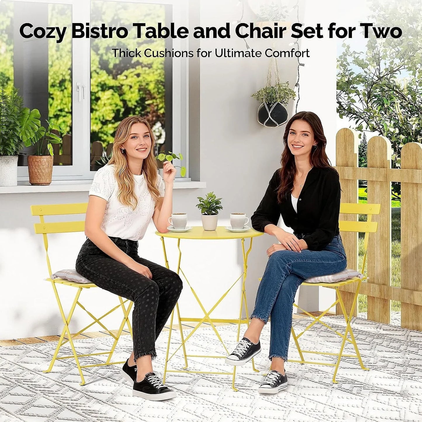 VINGLI Outdoor Folding Bistro Table and Chairs Set of 2 with Cushions for Patio