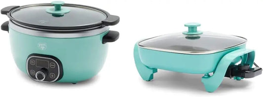 Cozy Decor Market Cook Duo healthy ceramic nonstick 6QT slow cooker and 12" turquoise electric skillet with square design