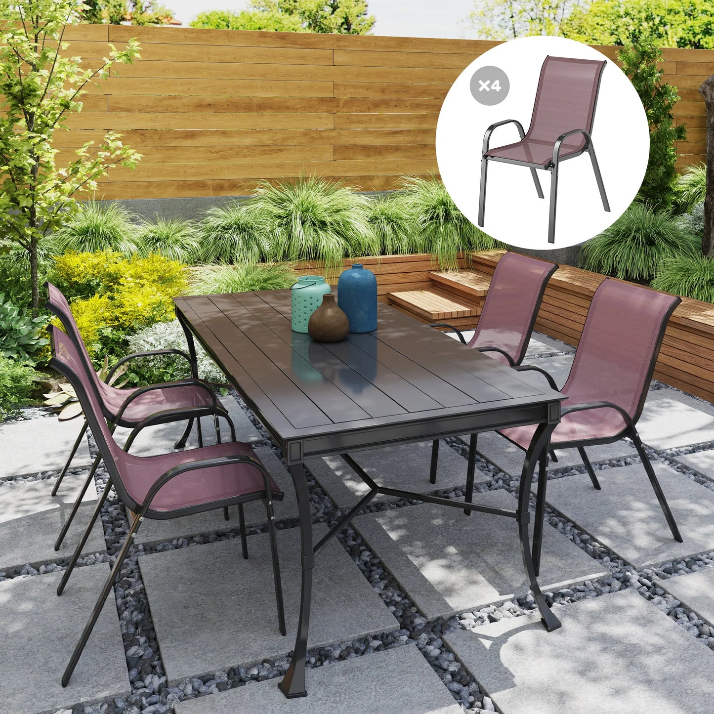 Set of 4 Patio Dining Chairs, Stackable Outdoor Chairs, Brown