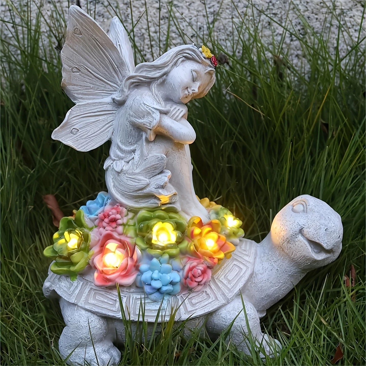 Li Solar Garden Angel Riding Turtle Statue Outdoor Decor