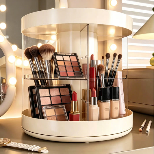 Rotating Layered Makeup Organizer with Dust Cover, Sectional Skincare Storage Rack, Light Luxury Versatile Design, Countertop Display for Vanity Bathroom, Keep Cosmetics Clean and Dust-Free