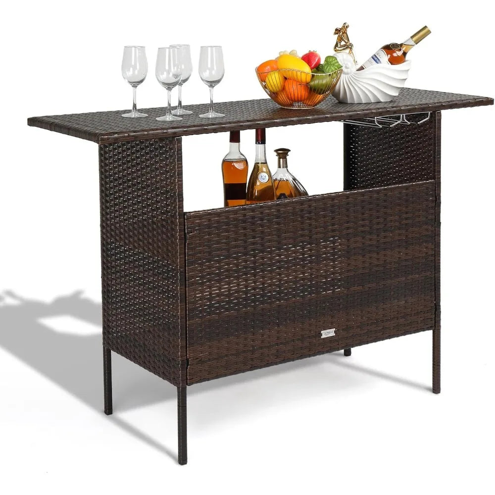 Wicker Outdoor Bar Table with Steel Shelves and Rattan Storage for Patio and Garden