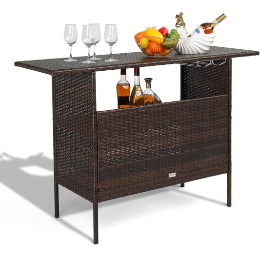 Wicker Outdoor Bar Table with Steel Shelves and Rattan Storage for Patio and Garden