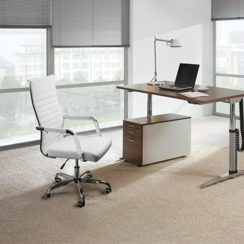 Furmax Ribbed Office Desk Chair Mid-Back PU Leather Executive Conference Task Chair Adjustable Swivel Chair with Arms (White)