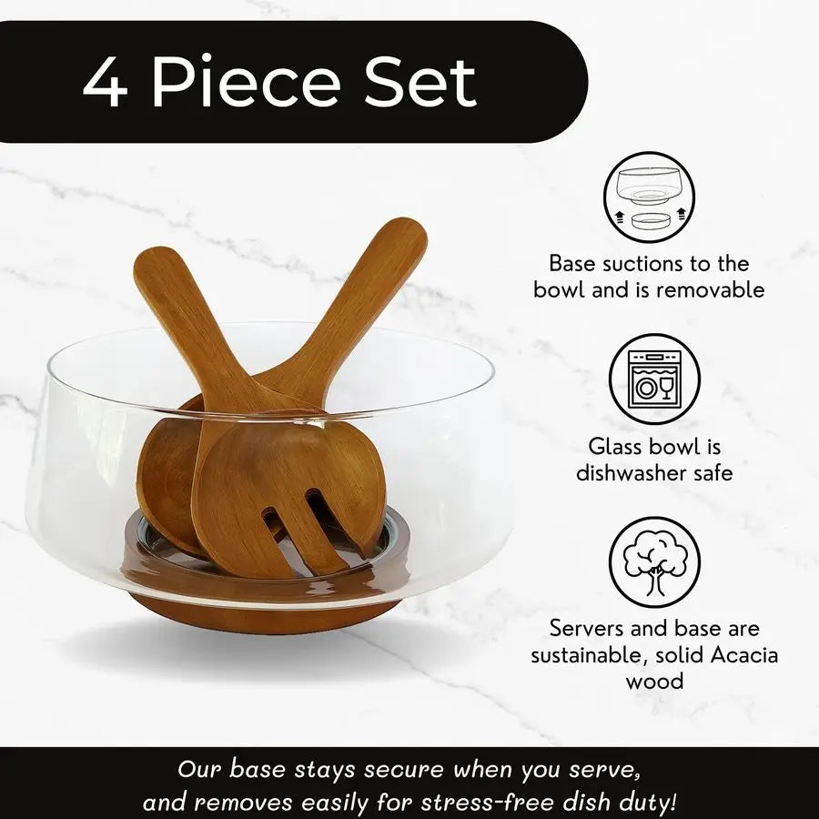 XMSJ Glass Salad Bowl Set With Acacia Base And Servers