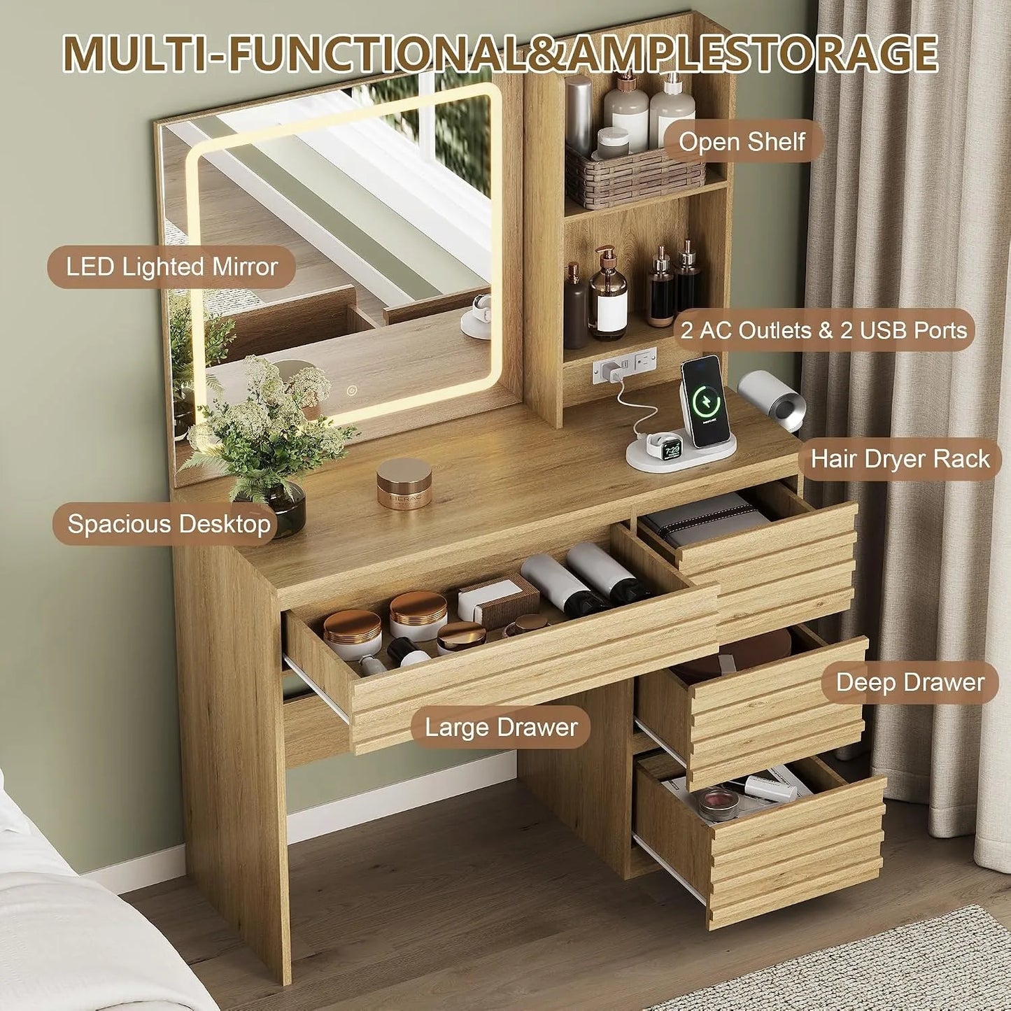 Fluted LED Lighted Makeup Vanity Desk,3 Lighting Modes,4 Drawers,Open Shelves,Power Outlet,Bedroom, Custom