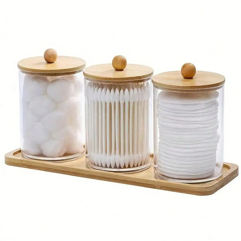 Plastic Bathroom Jar Set With Lids And Tray, Countertop Swab Holder, Vanity Storage For Balls, Makeup Pads, Bathroom Accessorie