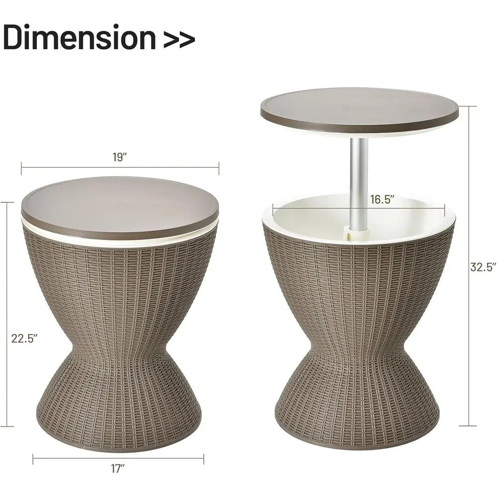 Rattan-Style Outdoor Patio Ice Bucket Table with 8 Gallon Capacity, Adjustable Height, Drainage, and 3-in-1 Functionality