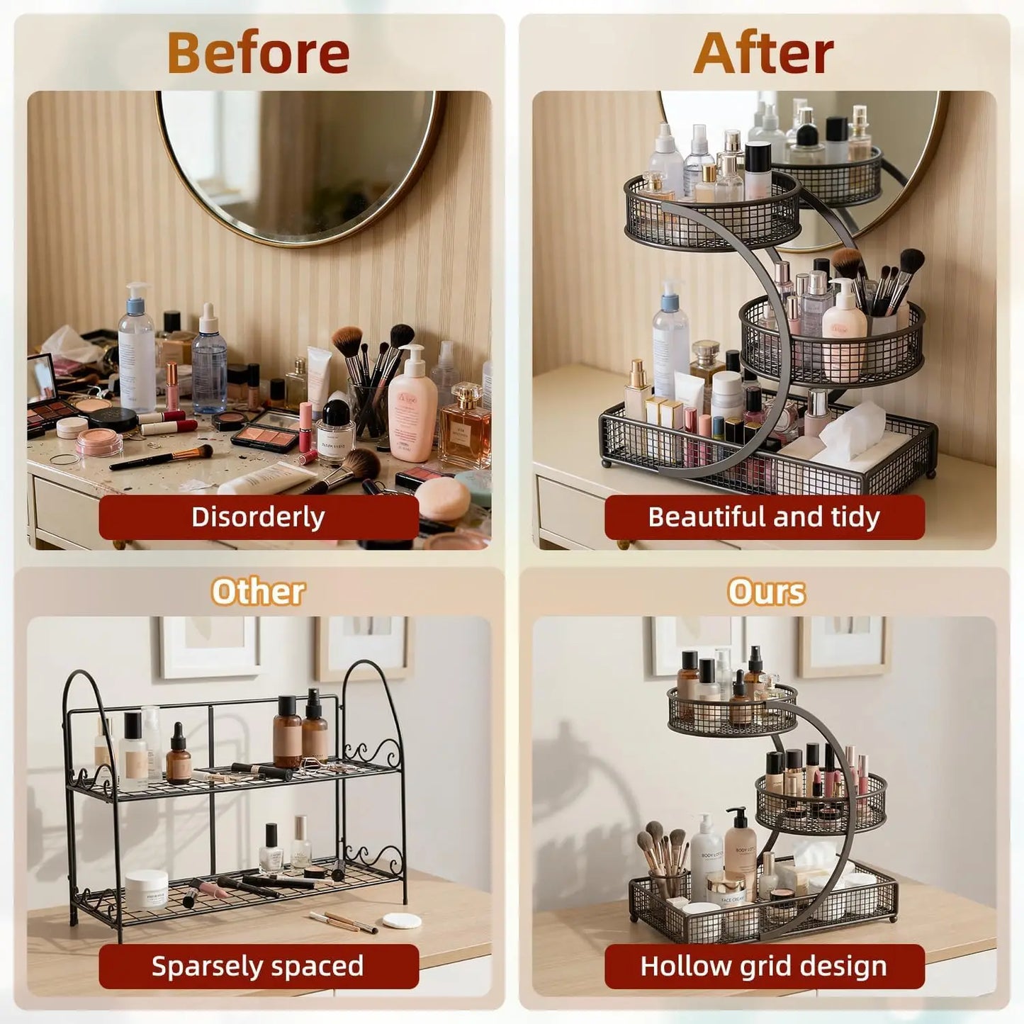 3 Layer Extra Large Cosmetic Storage Rack Polished Metal No Assembly Required for Bathroom Countertop Dressing Table Vanity