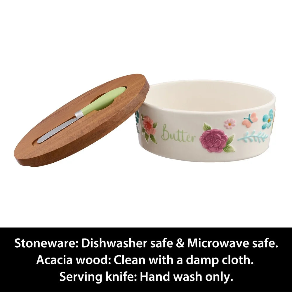 Painted Meadow Ceramic Butter Dish Set With Acacia Wood Lid